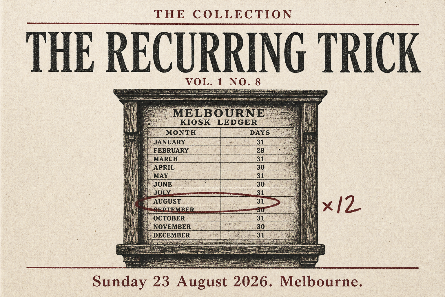 The Collection, Volume 1, Number 8. The Recurring Trick. Sunday 23 August 2026, Melbourne. A wooden kiosk ledger with August circled and times twelve written beside it.