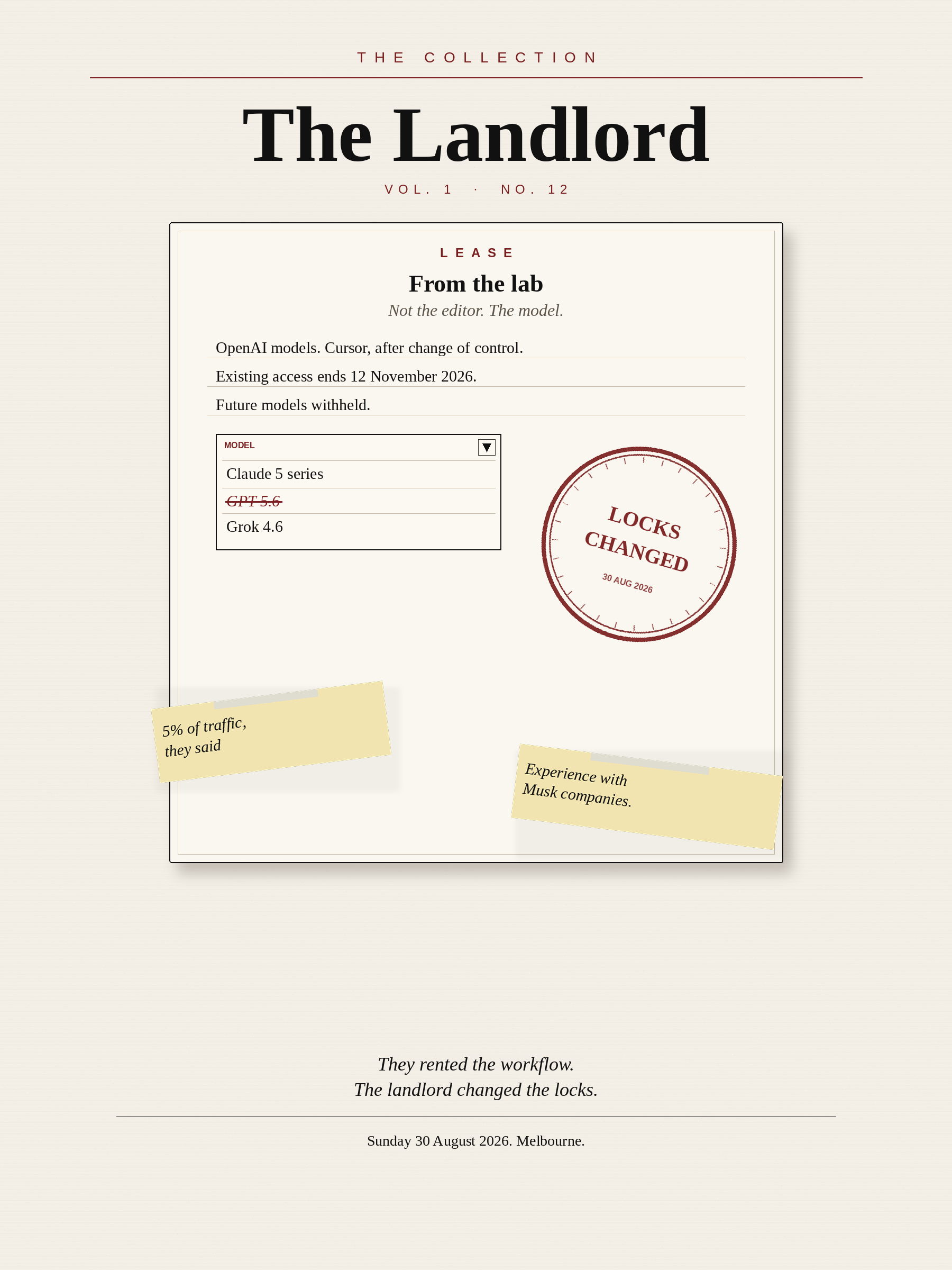 Cover of The Collection, Volume 1, Number 12: The Landlord. A lease with the model crossed out. Sunday 30 August 2026, Melbourne.