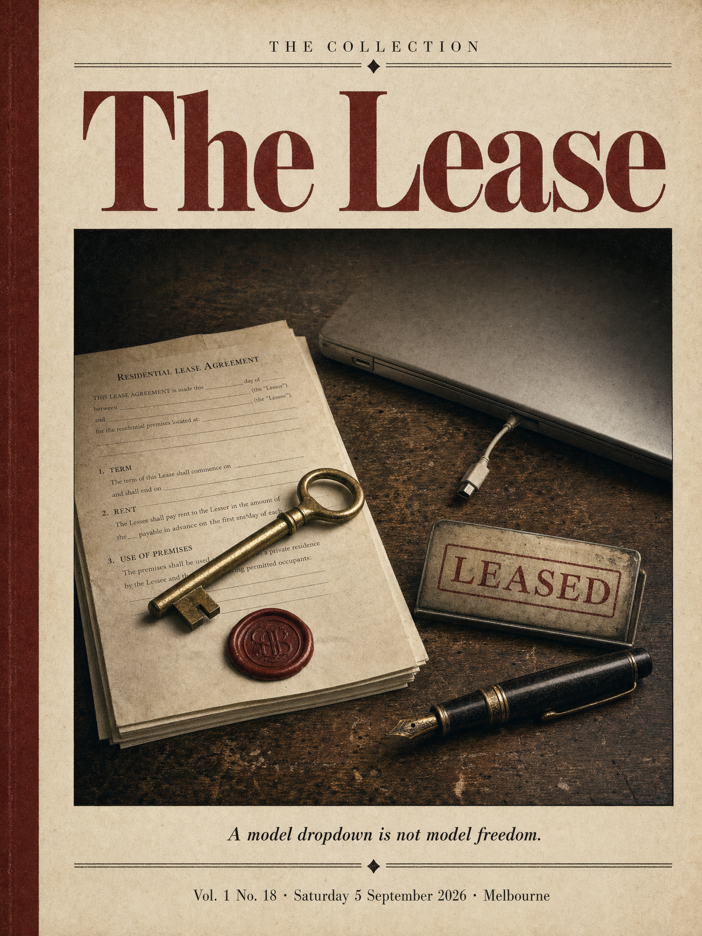 Cover of The Collection, Volume 1, Number 18: The Lease. Saturday 5 September 2026, Melbourne.