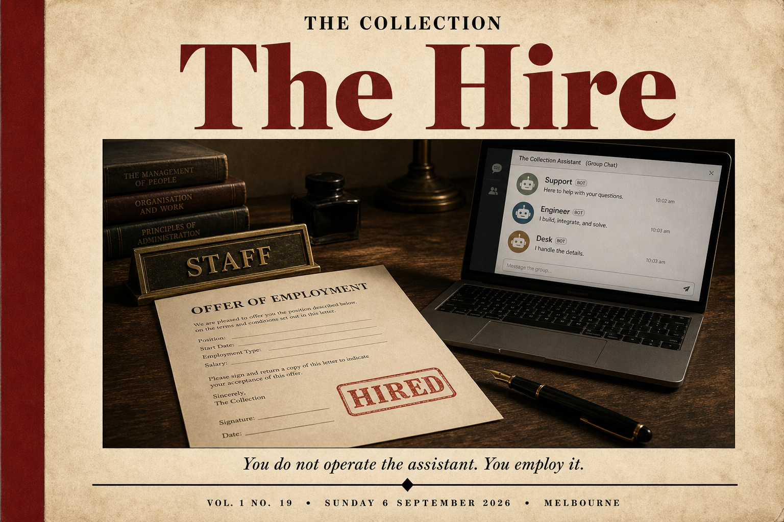Cover of The Collection, Volume 1, Number 19: The Hire. Sunday 6 September 2026, Melbourne.
