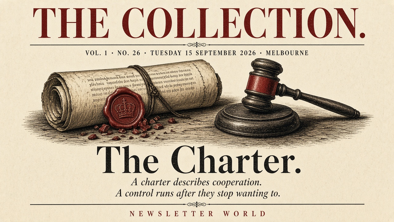 Cover of The Collection, Volume 1, Number 26: The Charter. Tuesday 15 September 2026, Melbourne.