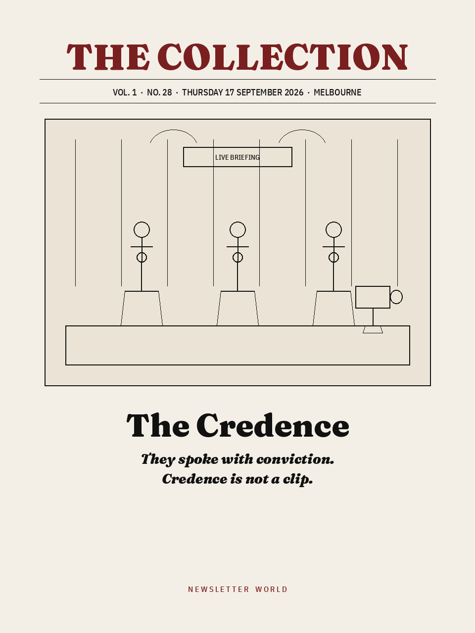 Cover of The Collection, Volume 1, Number 28: The Credence. Thursday 17 September 2026, Melbourne.