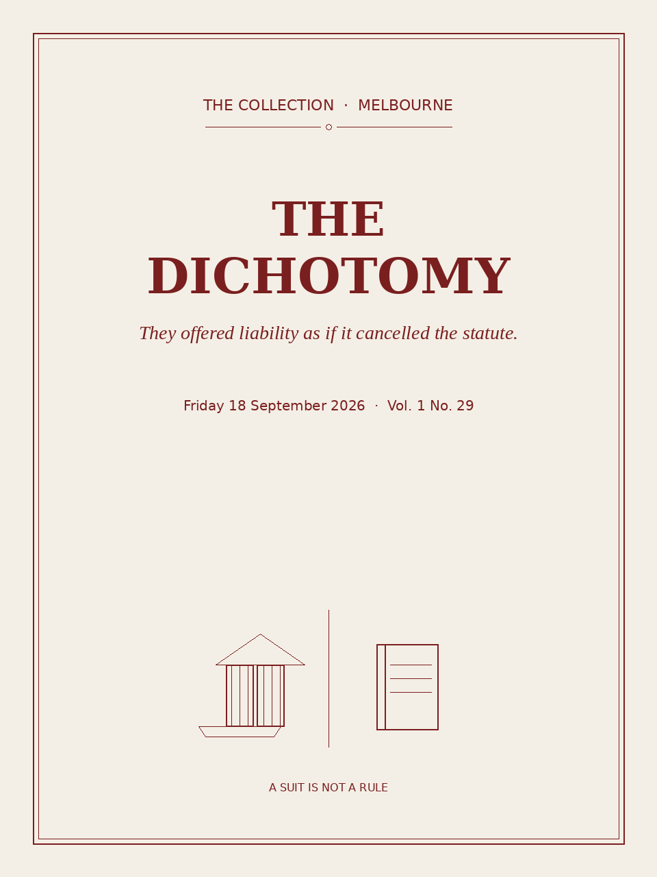 Cover of The Collection, Volume 1, Number 29: The Dichotomy. Friday 18 September 2026, Melbourne.