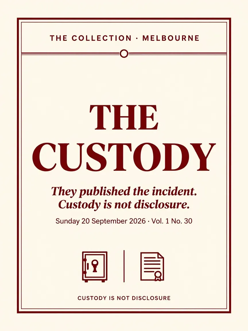 Cover of The Collection, Volume 1, Number 30: The Custody. Sunday 20 September 2026, Melbourne.