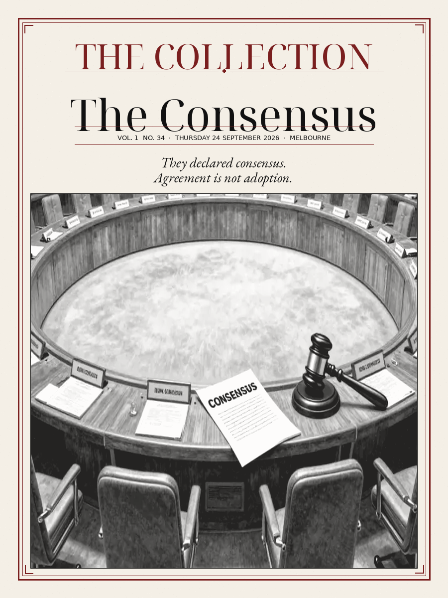 Cover of The Collection, Volume 1, Number 34: The Consensus. Thursday 24 September 2026, Melbourne.