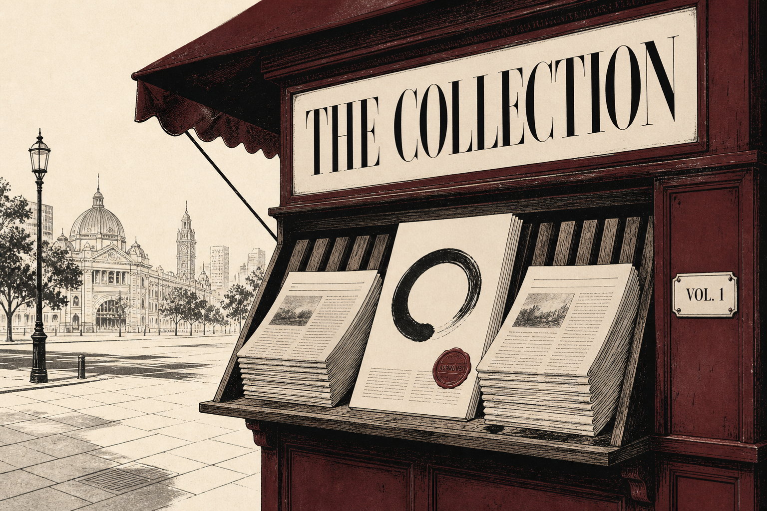 A Melbourne kiosk on a cream street: oxblood awning, wooden rack, Flinders Street Station in the distance, and today’s issue in the window.